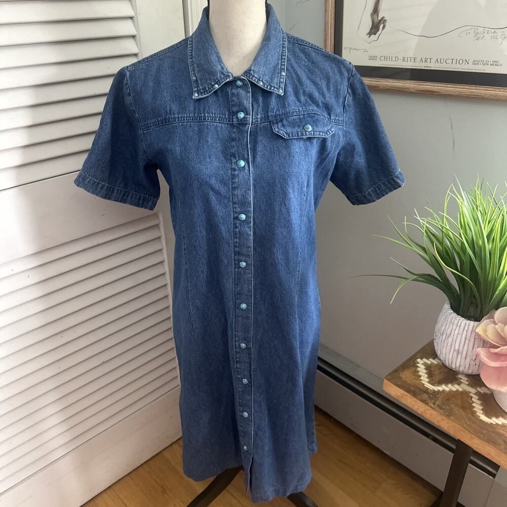 BLUE J Womens Shirt Dress Small Blue Denim Turquoise Snap Shift Retro 90s Boho